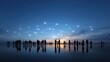 © buraratn - Silhouetted figures standing in a tranquil landscape with a digital network above, representing connection and communication in modern society at sunset