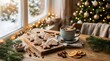© cipta - A cozy Christmas still life on a table featuring a hot cup of espresso coffee, sweet holiday cookies, and warm mulled wine with a cinnamon decoration for a festive morning beverage