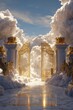 © Shades3d - Majestic golden ornate gates framed by bright clouds and ethereal light, reflecting a grand and luxurious pathway.