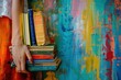© MOON - Creative individual holding a stack of vintage hardcover books against a vibrant, colorful abstract painted background, conveying artistic education, literary lifestyle, and modern academic concepts.