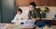 © peopleimages.com - Daughter, packing food and phone call with mother in kitchen for multitasking or preparation. Busy, getting ready and lunch with single parent making school snack for girl child in apartment