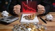© Le - Angry businessman frustrated by financial loss and stock market crash, red declining graph hologram, coins scattered on table, calculator and crumpled paper showing economic