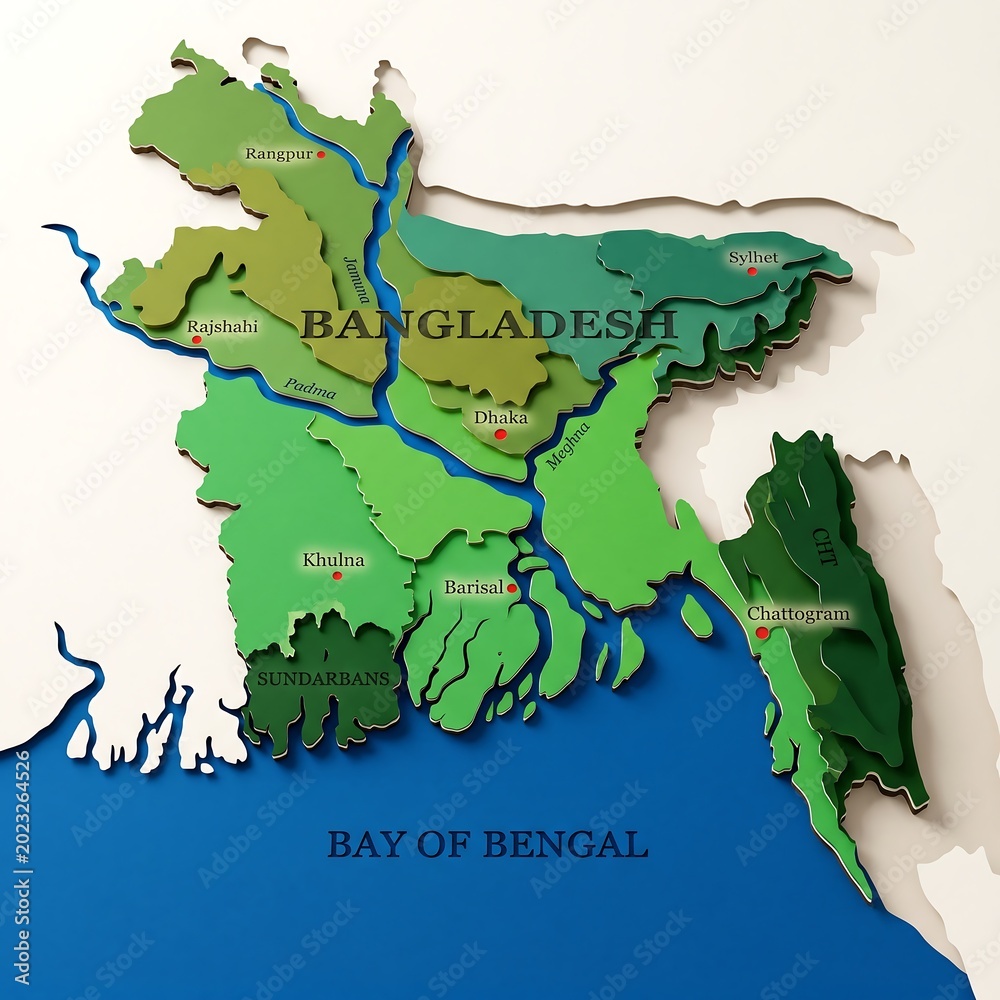 Topographic map of Bangladesh divided into regions with relief shading ...