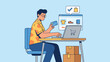 © Sadia - Flat vector illustration of a young man sitting at a desk using a laptop and holding a credit card for online shopping, e-commerce transaction concept with digital storefront and delivery boxes.