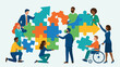 © Sadia - Diverse Business Team Collaborating to Assemble a Giant Jigsaw Puzzle with Gear and Arrow Shapes, Symbolizing Teamwork, Inclusion, Strategic Problem Solving, and Corporate Synergy for Success.