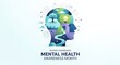 © shameem - Human head silhouette with global map and nature elements representing mental health awareness
