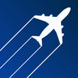 © teracreonte - Logotipo para viajes aéreos, aviación y viajes de vacaciones. Silueta de avión visto desde arriba, proyectando estelas en color blanco sobre fondo azul