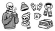 © MULUNG DOLLAR - Skeleton wearing winter clothing and holding cup.