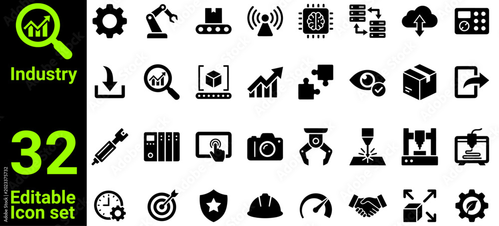Industry 4.0, Smart Factory, and Advanced Manufacturing Vector Icon Set ...