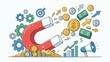 © Salehur - Flat Vector Illustration of a Large Horseshoe Magnet Attracting Money, Gold Coins, and Banknotes, Representing Wealth Attraction, Marketing Strategy, Financial Success, and Business Growth