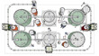 © Rafex Rf - top view industrial machinery with circular green tanks and conveyor belts in factory layout