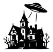 © Camel - Haunted victorian house being scanned by a flying saucer ufo in minimalist silhouette style