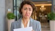 © Tania - Short term rental neighbor holding city ordinance printout at doorstep of management company office, frustrated community member, vacation rental regulation complaint, candlelit lobby visible