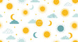 © Naim - Whimsical seamless pattern for children featuring different suns, crescent moons, fluffy clouds, and twinkling stars.