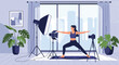 © Naim - Fit woman practicing yoga in a professional photography studio equipped with softbox lights and a camera on a tripod for a photoshoot.