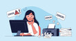 © Naim - Stressed office worker at a computer desk surrounded by error messages and crumpled paper near a malfunctioning printer and stacked files.