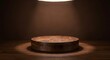 © Rubel - Warm Circular Dark Wood Podium in Moody Studio with Soft Overhead Spotlight Focus