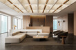 © ImageFlow - Modern reception lobby interior with minimalist furniture, warm wood paneling, geometric ceiling lights and elegant contemporary design elements. 3D Rendering
