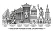 © MdToufik - Seven Wonders of the Ancient World engraved hand drawn vector illustration historical monument set