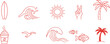 © Akter - Beach and summer icon illustration collection featuring surfboards, waves, sun, palm trees, drinks, birds, fish, and tropical elements