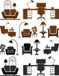 © IR Vector Gallery - Collection of chair and furniture icons set in flat vector style featuring office chairs, armchairs, lounge seating, tables and home furniture isolated on white background.