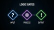 © usman - Logic gates infographic diagram showing input process and output stages with glowing neon rhombus symbols and futuristic technology icons on dark background
