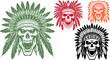 © Design - Vintage skull wearing native american headdress, set of 4 tribal feathered war bonnet skull vectors, aggressive warrior skull mascot illustrations