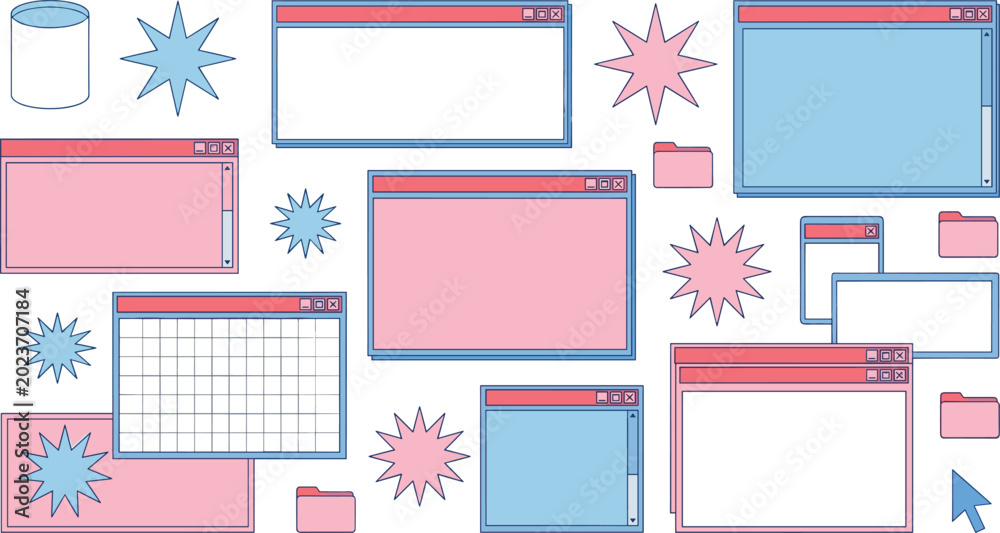 Retro computer interface elements collection with nostalgic windows ...
