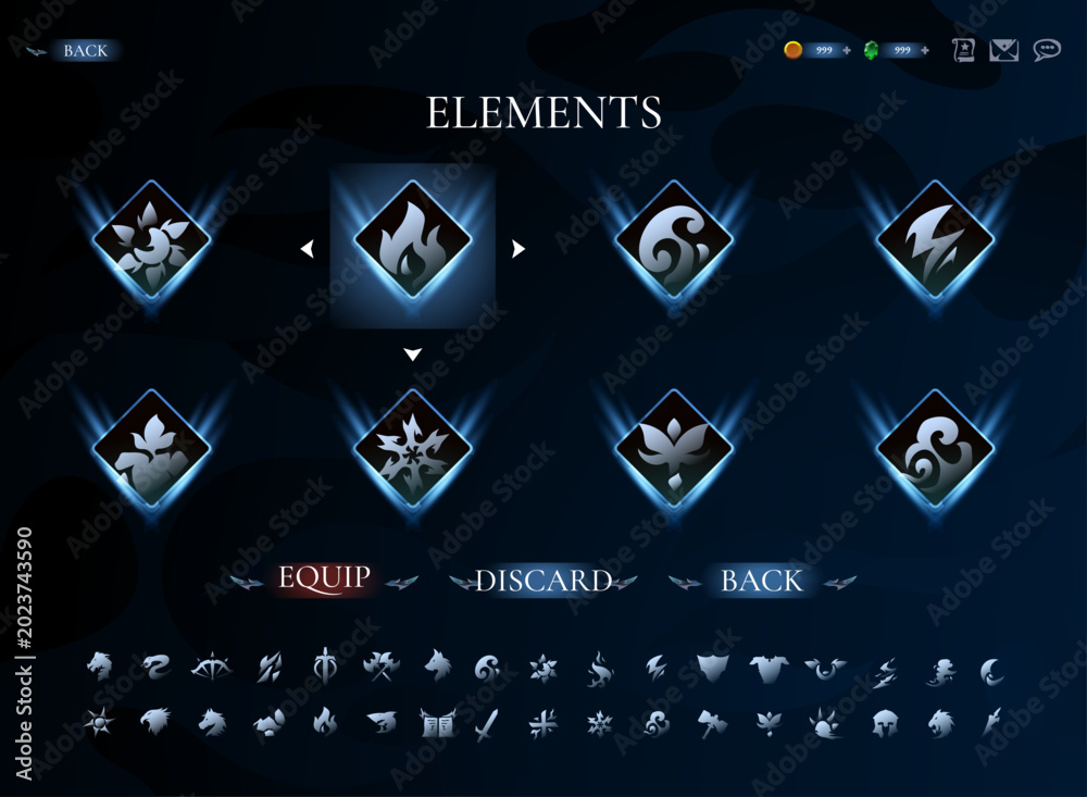 Fantasy Elements Selection Interface With Magic Icons Equipment and RPG ...