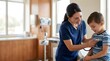 © Charlotte - Smiling nurse using a stethoscope to examine a young boy in a hospital