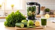 © darmo - Healthy Green Smoothie Ingredients and Freshly Blended Drink on Kitchen Counter
