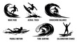 © Madina Art - Surf sport vector silhouette Ride wave, aerial trick, tube, and balance with celebration icons for world cup events