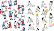 © MdAbdul - Diverse people sitting poses collection vector illustration featuring casual characters gestures communication and social interaction sketches