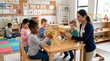 © Freelancer - Teacher helping diverse group of young children learn to count using colorful wooden abacus in a bright preschool classroom