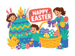 © Марія Томилович - Happy Easter Celebration banner with two cheerful children and one smiling adult decorating an oversized Easter egg and giant woven basket across the full canvas, rabbit ears touching left edge,