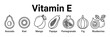 © Sajjocks - Vitamin e rich foods infographic set featuring stylized line art icons of avocado kiwi mango papaya pomegranate fig and blueberries on a clean white background