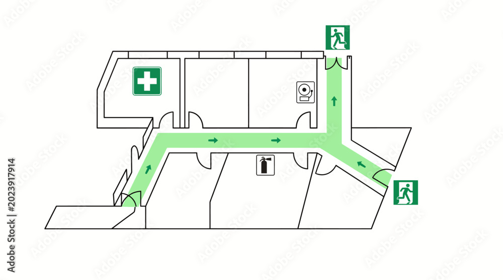Emergency evacuation plan with exit routes and safety symbols Stock ...