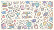 © craftsby.ib - Back to school hand drawn doodle set with educational supplies icons like books globes backpacks and stationery items in pastel colors on a grid paper background for creative classroom learning