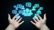 © obak - Hands reaching for a glowing digital network of users and communication bubbles, symbolizing online community, social interaction, and global connection