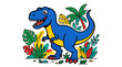 © Azmil - Joyful blue T-Rex dinosaur with colorful tropical plants, a playful prehistoric illustration