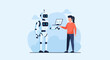 © menang - A man and robot interact with a laptop outdoors in daytime
