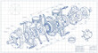 © Kancil - Detailed blueprint of a complex mechanical engine assembly in exploded view.