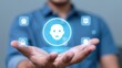 © CrazyJuke - User Profile Hologram: A hand holds a glowing holographic projection of a user profile icon, surrounded by smaller icons representing security, data, and communication.