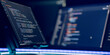 © Maximusdn - Software engineering workspace. Multiple screens showing complex coding script in dark mode, illuminated by glowing blue LED light. Cybersecurity concept.