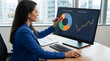 © hoc - Professional financial investor rebalancing a diversified asset portfolio using a digital interactive pie chart and stock market candlestick graph on a modern technology touchscreen interface.