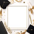 © Muhammad - Elegant graduation celebration flat lay with blank white frame, academic caps, diploma, and gold decorations on a clean background.