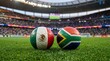© Zampra studio's  - Two soccer balls decorated with the national flags of Mexico and South Africa resting side by side on a green grass field inside a crowded sports stadium