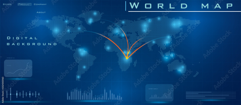 Global Digital Network Connected World Map with Flying Lines and ...