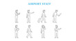 © MkJutt - Isometric architectural entourage scale figures of airport staff vector collection of minimalist clean line art airline crew and security personnel for terminal rendering visualization