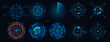 © Антон Сальников - Futuristic circular HUD radar interface set with glowing cyan scanner displays, targeting grids and digital dashboard elements on dark background. Vector illustration
